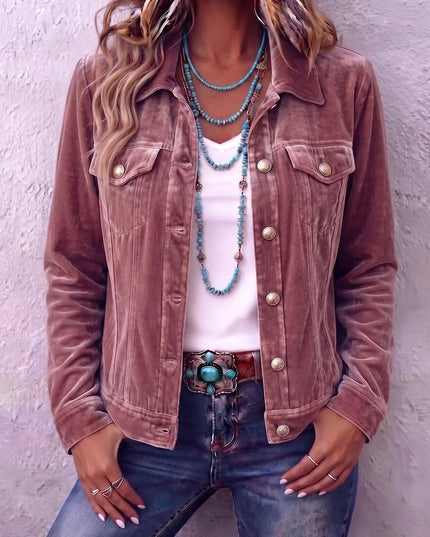Women's Velvet Button Jacket with Chest Pockets