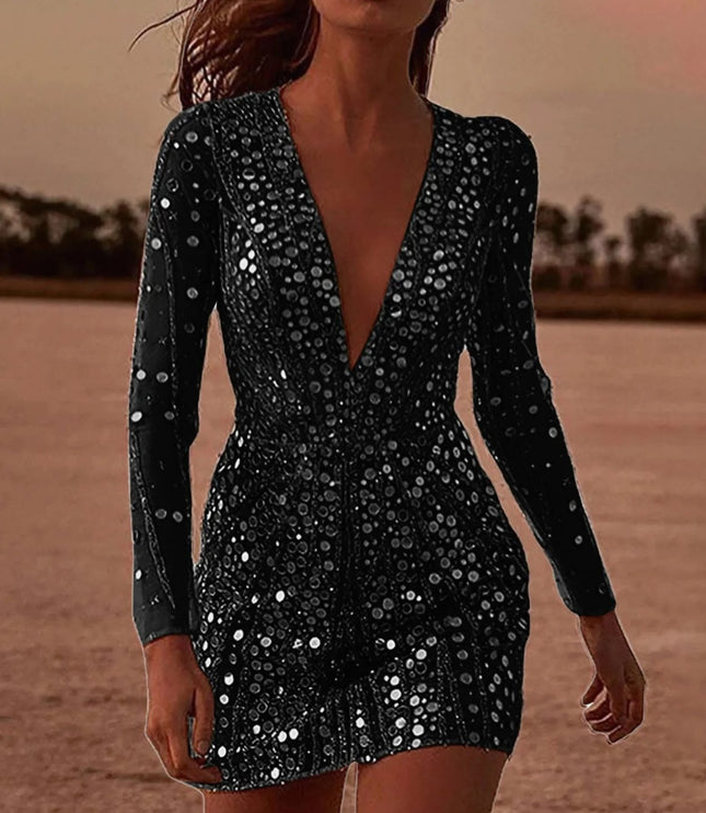 Women's Vertical Pattern Plunge Sequin Dress