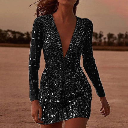 Women's Vertical Pattern Plunge Sequin Dress