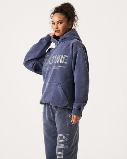 Women's Washed Blue Dotted Graphic Hoodie