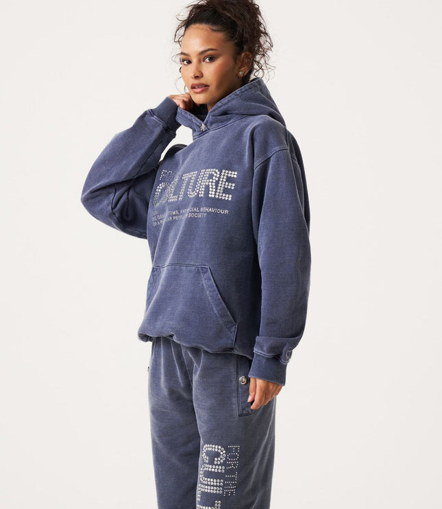 Women's Washed Blue Dotted Graphic Hoodie