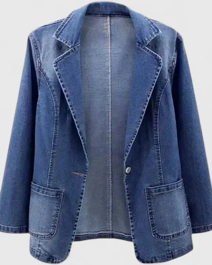 Women's Casual Denim Blazer Jacket Single-Button Open Front - Denim Blue