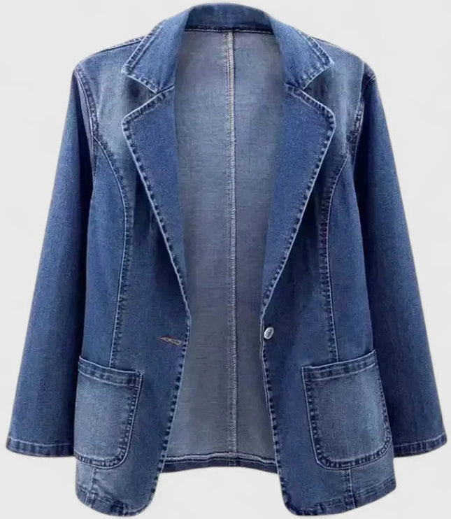 Women's Casual Denim Blazer Jacket Single-Button Open Front - Denim Blue