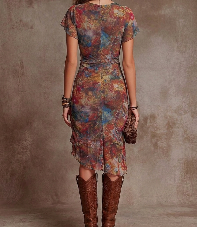 Back view of women's abstract print midi dress with short sleeves and straight fitted silhouette