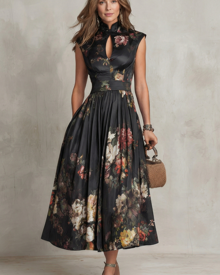 Front view of floral midi dress with fitted bodice and full skirt for wedding guest wear