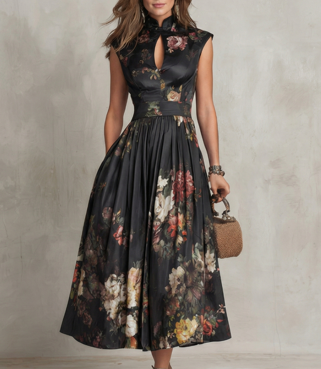 Front view of floral midi dress with fitted bodice and full skirt for wedding guest wear