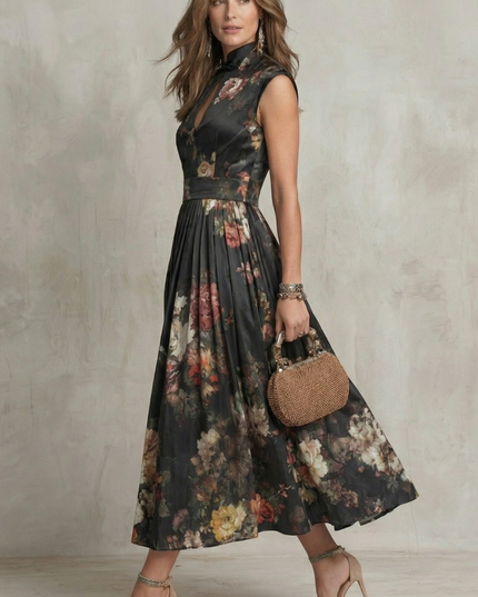 Side view of black floral midi dress showing sleeveless cut and flowing skirt