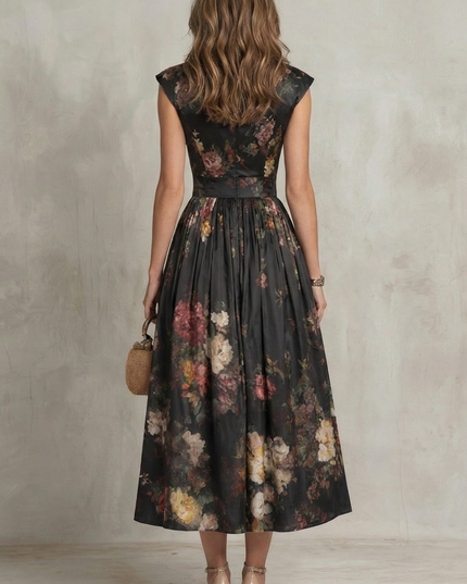 Back view of floral midi dress with fitted waist and pleated skirt for wedding guest outfit