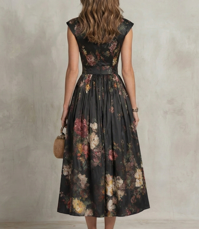 Back view of floral midi dress with fitted waist and pleated skirt for wedding guest outfit
