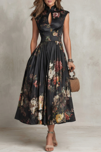 Front view of black floral midi dress with high neckline and sleeveless wedding guest style