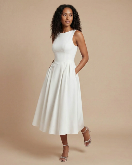 Cream sleeveless boat neck midi dress with full pleated skirt and pockets