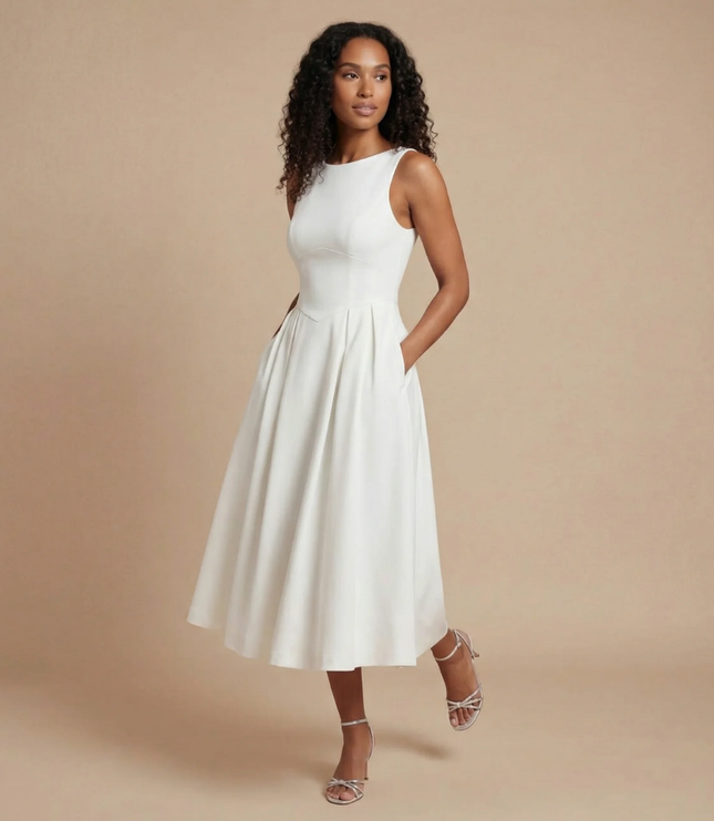 Cream sleeveless boat neck midi dress with full pleated skirt and pockets