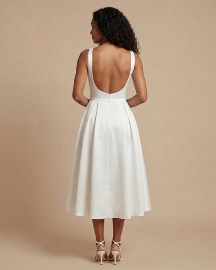 Back view of cream midi dress with open scoop back design