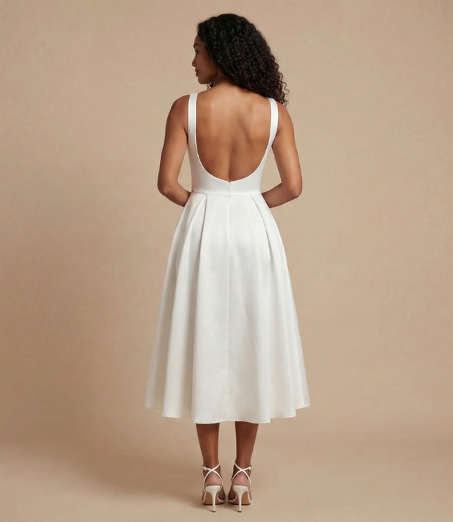 Back view of cream midi dress with open scoop back design