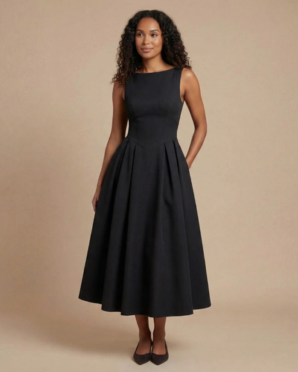 Black sleeveless boat neck midi dress with full A-line skirt