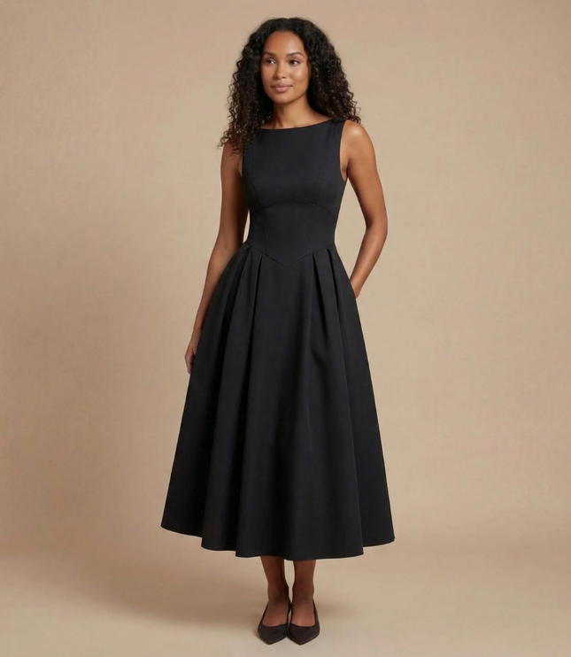 Black sleeveless boat neck midi dress with full A-line skirt