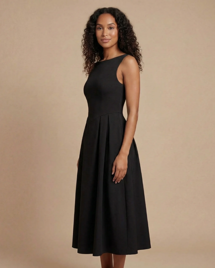 Side view of black midi dress showing fitted bodice and flowing skirt