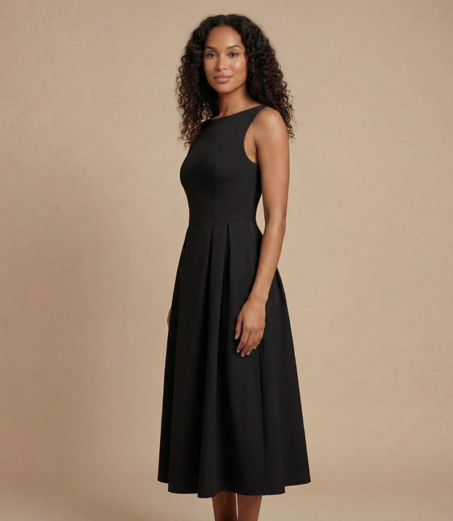 Side view of black midi dress showing fitted bodice and flowing skirt