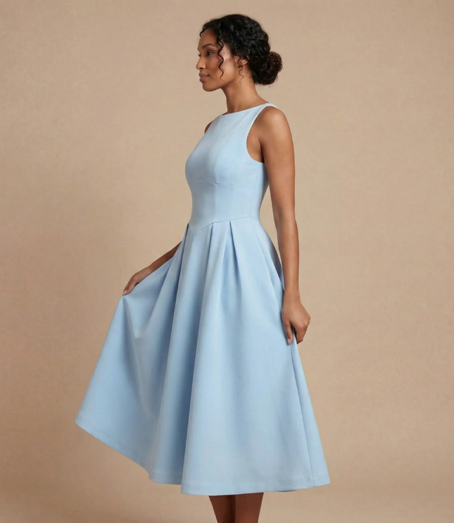 Light blue sleeveless boat neck midi dress with pleated skirt