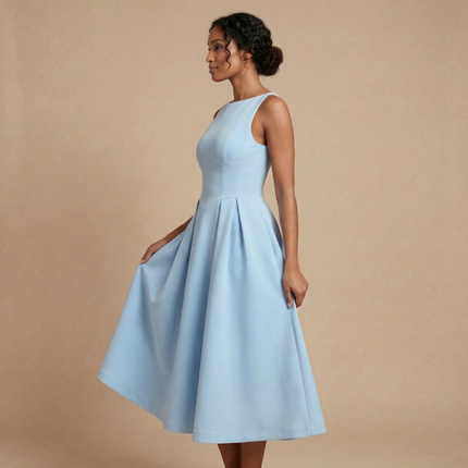 Light blue sleeveless boat neck midi dress with pleated skirt
