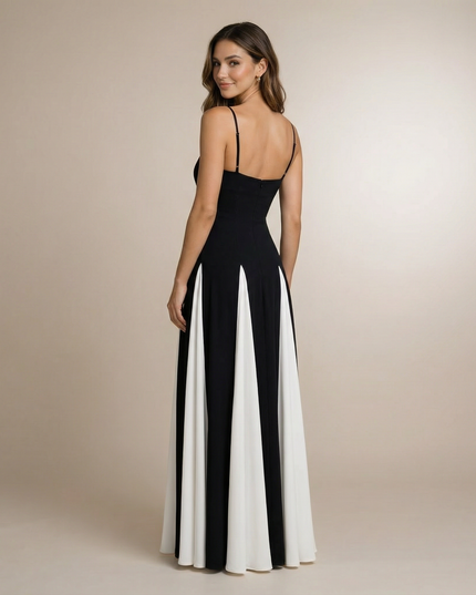 Back view of black and cream colorblock maxi dress with thin straps