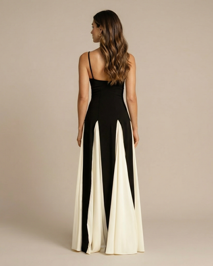 Rear angle of black and white colorblock sweetheart maxi dress
