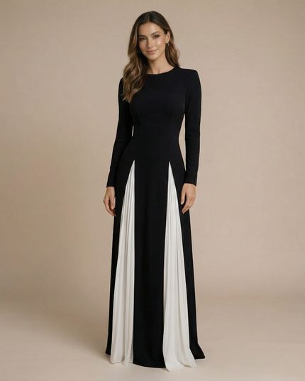 Black and ivory colorblock maxi dress with long sleeves and cream side panels
