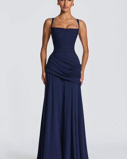 Close-up navy cowl neck maxi dress bodice with wide straps and ruched waist wrap detail