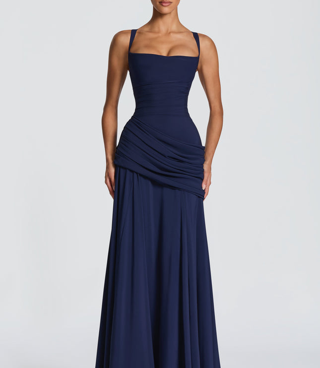 Close-up navy cowl neck maxi dress bodice with wide straps and ruched waist wrap detail