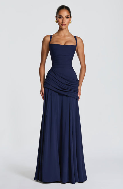 Close-up navy cowl neck maxi dress bodice with wide straps and ruched waist wrap detail