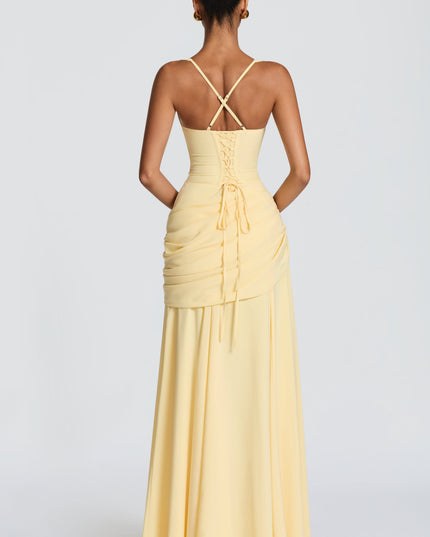 Pale yellow cowl neck maxi dress with wide straps and ruched wrap skirt, front view formal dress