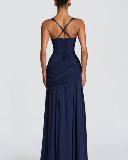 Navy cowl neck maxi dress with wide straps and ruched wrap skirt, front view wedding guest dress