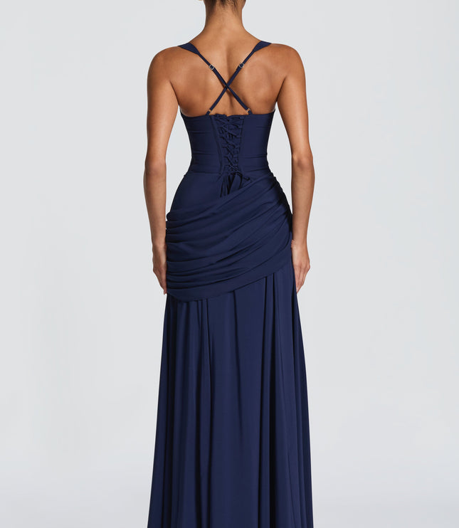 Navy cowl neck maxi dress with wide straps and ruched wrap skirt, front view wedding guest dress
