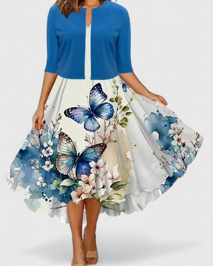 Blue floral midi dress with butterfly print skirt and 3/4 sleeve cardigan