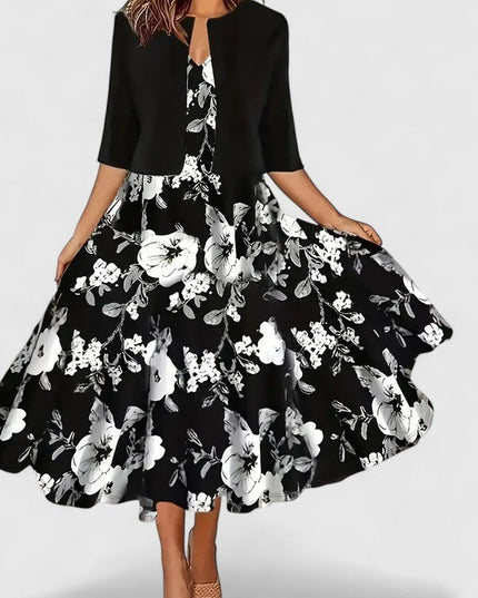 Black floral midi dress with 3/4 sleeve cardigan and full swing skirt