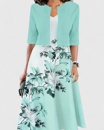 Mint green floral midi dress with 3/4 sleeve cardigan and tropical leaf print
