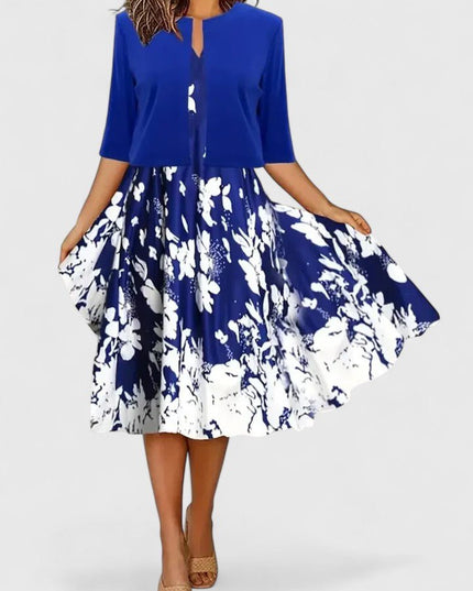 Blue cardigan midi dress with butterfly floral skirt and watercolor print