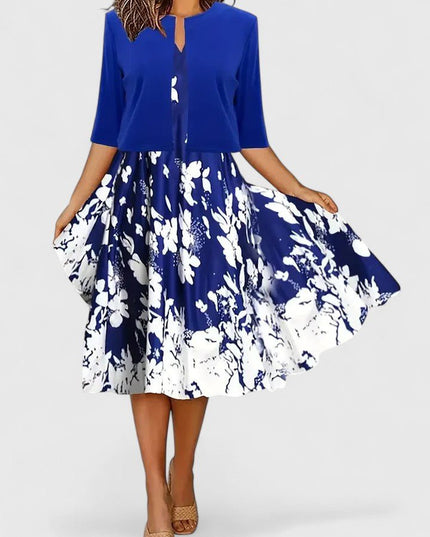 Blue floral midi dress with 3/4 sleeve cardigan, flared skirt and white print