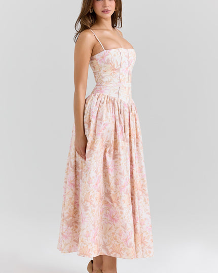 Back view of a pink floral corset midi dress with open back and full skirt