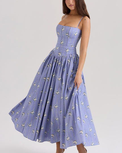 Lavender floral corset midi dress with spaghetti straps, fitted bodice, and full skirt