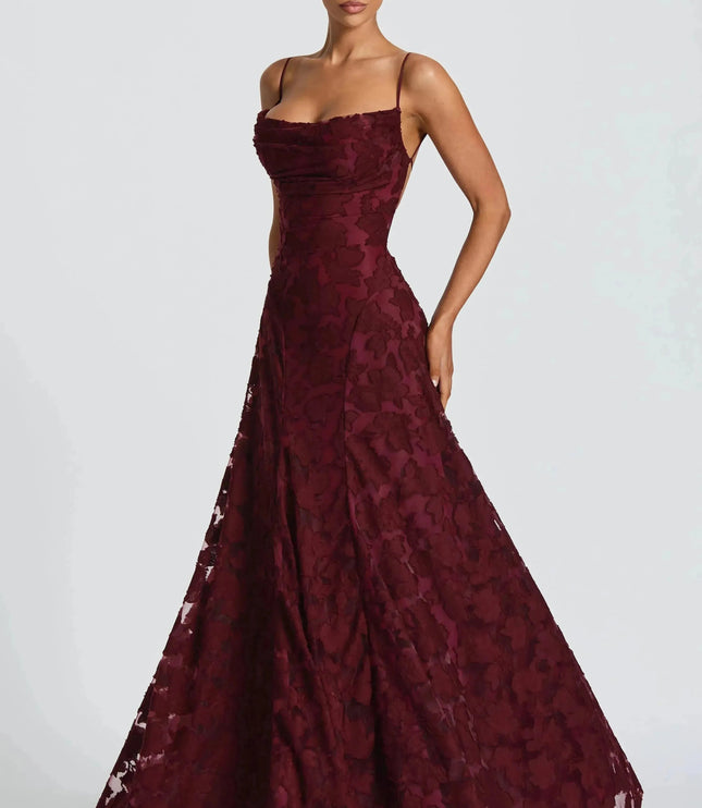 Burgundy floral lace cowl neck maxi dress with spaghetti straps
