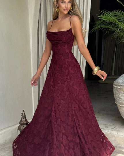 Burgundy floral lace maxi dress side view with flowing skirt