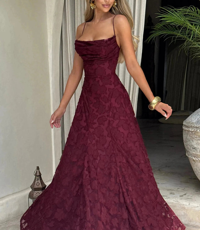 Burgundy floral lace maxi dress side view with flowing skirt