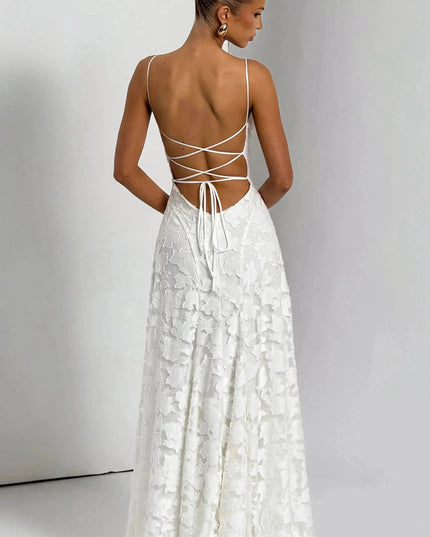 Ivory floral lace maxi dress back view with lace-up straps