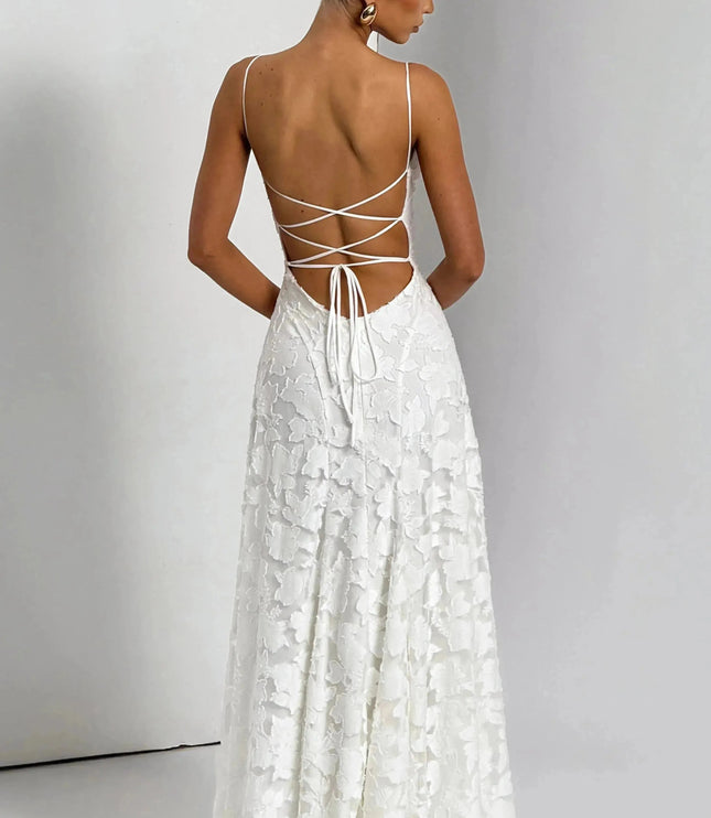 Ivory floral lace maxi dress back view with lace-up straps