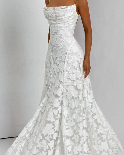 Ivory floral lace maxi dress front with cowl neckline detail