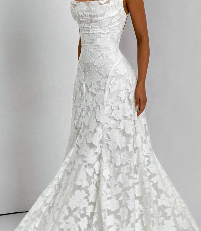 Ivory floral lace maxi dress front with cowl neckline detail