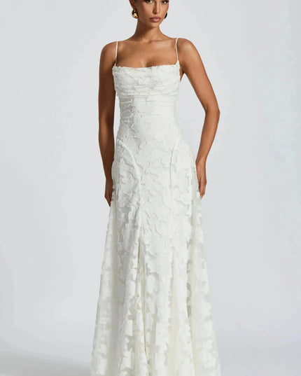 Ivory floral lace maxi dress full length front view
