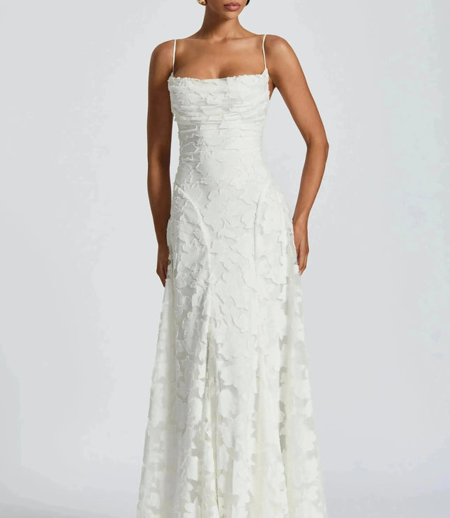 Ivory floral lace maxi dress full length front view