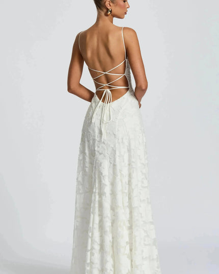 Ivory floral lace maxi dress back with lace-up tie closure